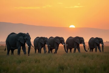 Fototapeta premium Elephant herd walks through dense foggy grasslands at dawn, grasslands, misty landscape