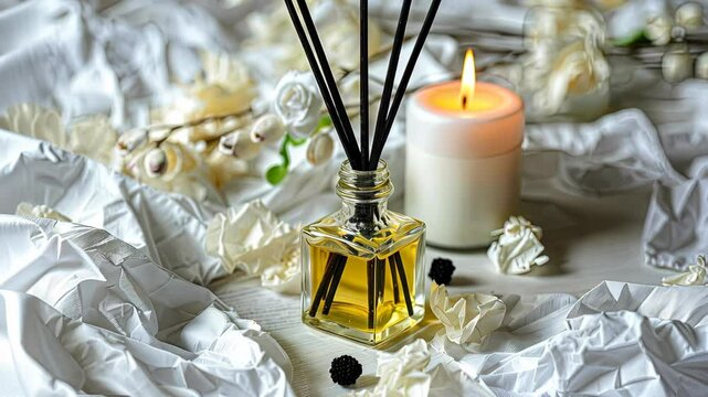 A beautiful arrangement of a diffuser and candle surrounded by floral elements and textured fabric enhances the tranquil atmosphere