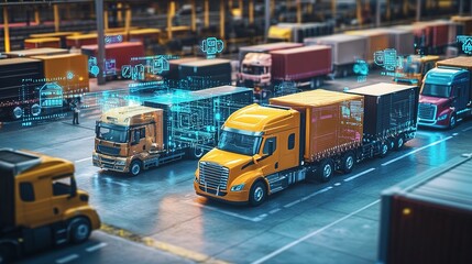 Detailed View of Rows of Trucks and Trailers in Logistics Center