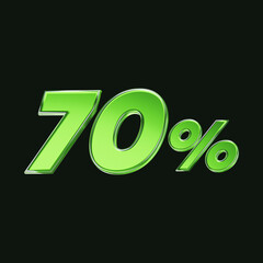 Green glass 70 percent or 70% symbol isolated on black background. 3D rendering.