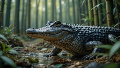 Obraz premium Juvenile Alligator in Bamboo Forest, Serene Twilight Ambush