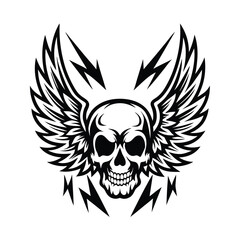Skull with Winged Design and Lightning Bolts in Striking Black and White Silhouette