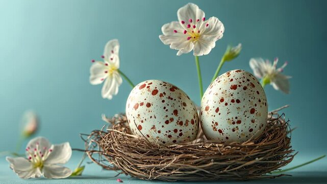Two speckled eggs nestled in a twig nest with white flowers against a soft blue backdrop celebrate springtime renewal
