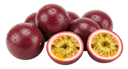 Isolated passion fruits, whole and halved