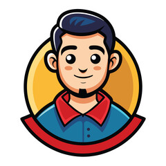 Smiling Cartoon Character Mascot Design with Blue Hair, Shirt, and Yellow Circle