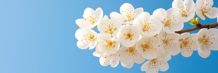 Fototapeta premium cluster of delicate white cherry blossoms against clear blue sky creates serene and refreshing springtime scene. vibrant colors evoke sense of renewal and tranquility