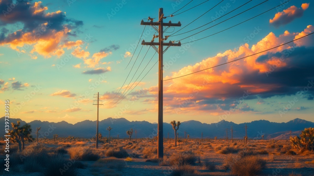 Poster an isolated utility pole in a barren landscape, emphasizing its role in providing power amidst a vas