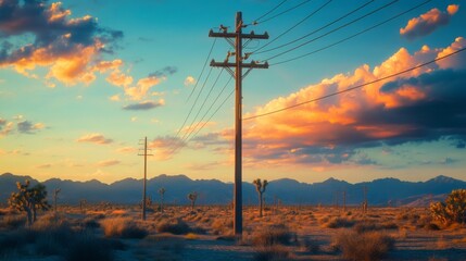 An isolated utility pole in a barren landscape, emphasizing its role in providing power amidst a vast, open environment with dramatic lighting