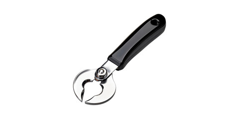 Stainless Steel Can Opener With Black Handle. Essential Kitchen Tool For Easy Can Opening Isolated On Transparent Background