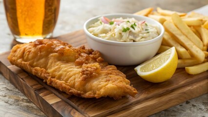 Golden Crispy Fish and Chips with Coleslaw and Lemon on Rustic Wooden Board