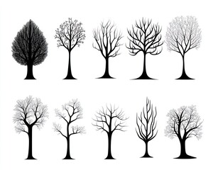 Obraz premium Ten bare winter trees silhouettes; design element