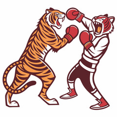 Cartoon Tigers Boxing Match Vector Mascot Illustration With Red Gloves