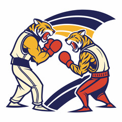 Retro Vintage Cartoon Boxing Tigers Vector Art - Two Tiger Boxers Boxing Sport Mascot Logo Graphic Illustration Artwork Image