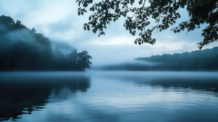 Fototapeta premium Misty mornings creating a mystical aura. Stock photo --ar 16:9 --quality 2 --style raw --v 6.1 Job ID: 2cf124d0-d63e-48de-8d6c-7d41510d34a9