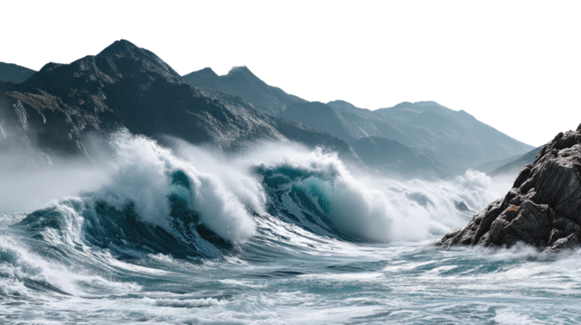 Majestic Wave: A colossal wave surges with immense power, crashing against rugged cliffs and mountain backdrop, creating a scene of awe and natural beauty.