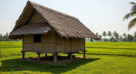 Traditional Bamboo Hut in Lush Green Rice Paddy Field under Sunny Skies