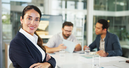 Portrait, business people and woman in meeting, arms crossed and confidence with accounting. Face, group and employees in office, manager and financial company for advice, smile or investment growth