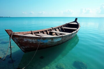 Distressed wooden boat docked in a calm sea, weathered wood, dock