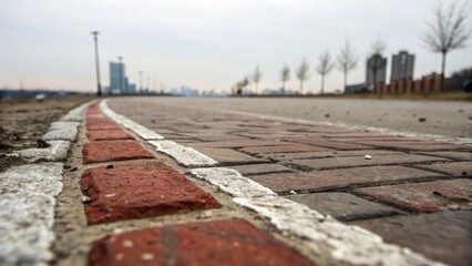 Fototapeta premium Landscape Concept. Close-Up View of Red Brick Sidewalk Edge with Urban Landscape in the Background