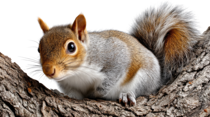 Curious Squirrel on Branch: A charming grey squirrel with fluffy tail perched on a textured tree branch, showcasing intricate details in its fur and expressive eyes.