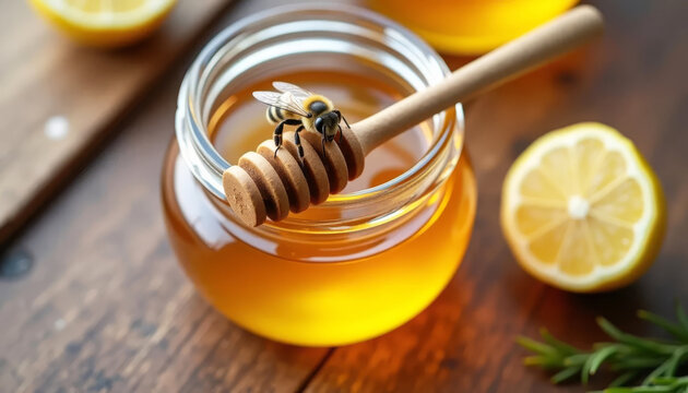 Glass jar of honey with wooden honey spoon, bee, fresh lemon and rosemary sprigs on rustic wooden background. - Powered by Adobe