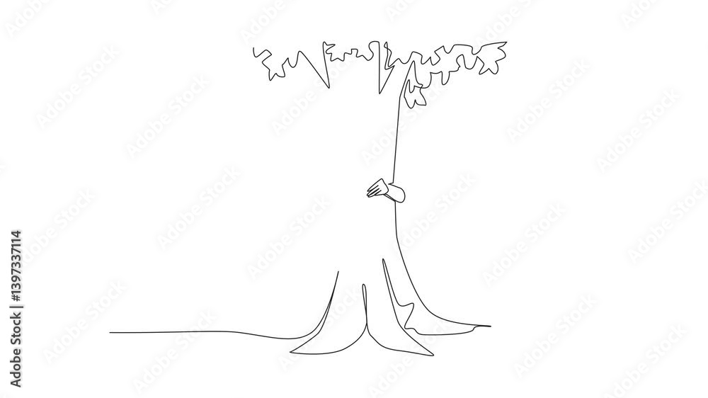 Poster animation of single line drawing two hands hugging a tree from behind while holding a heart shaped p