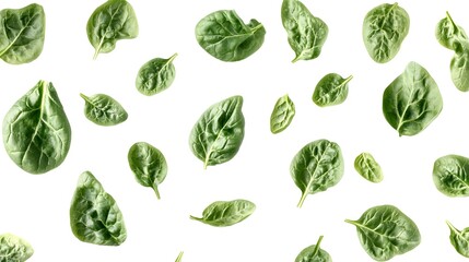 Fresh Spinach Leaves in Air with Bright White Background