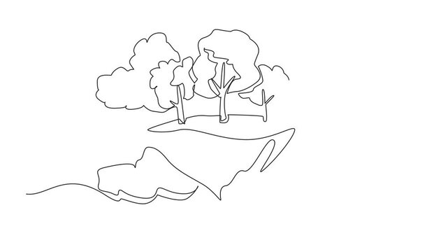 Self drawing animation of continuous one line drawing some trees on floating pieces of land. Like in a fairy tale. A beautiful place surrounded by bright clouds. Day of Trees. Full length animated