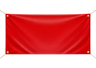A red banner with gold grommets hanging against a black background space on transparent background