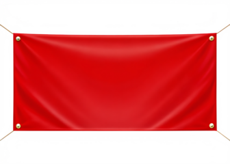 A red banner with gold grommets hanging against a black background space on transparent background