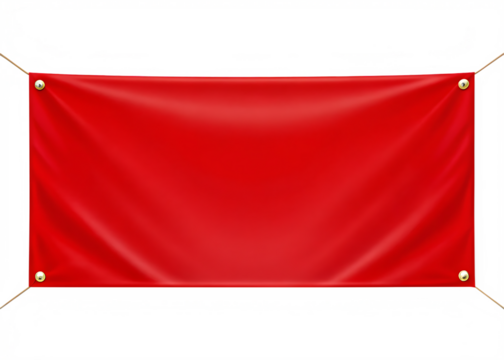 A red banner with gold grommets hanging against a black background space on transparent background