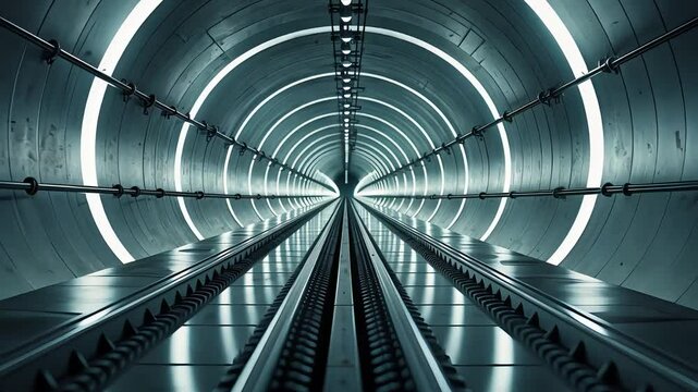 Futuristic underground tunnel with parallel train tracks and illuminated rings creating a symmetrical, high-tech corridor in cool blue tones

