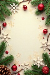 Distressed paper ornament background with snowflakes, pinecones and twigs, vintage, distressed, snowflakes
