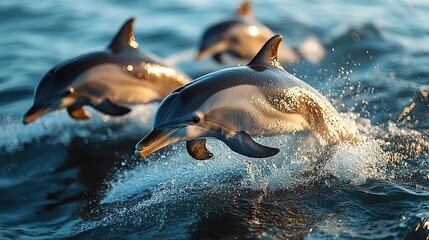 Obraz premium Graceful dolphins leaping out of the sparkling ocean waters, marine wildlife scene