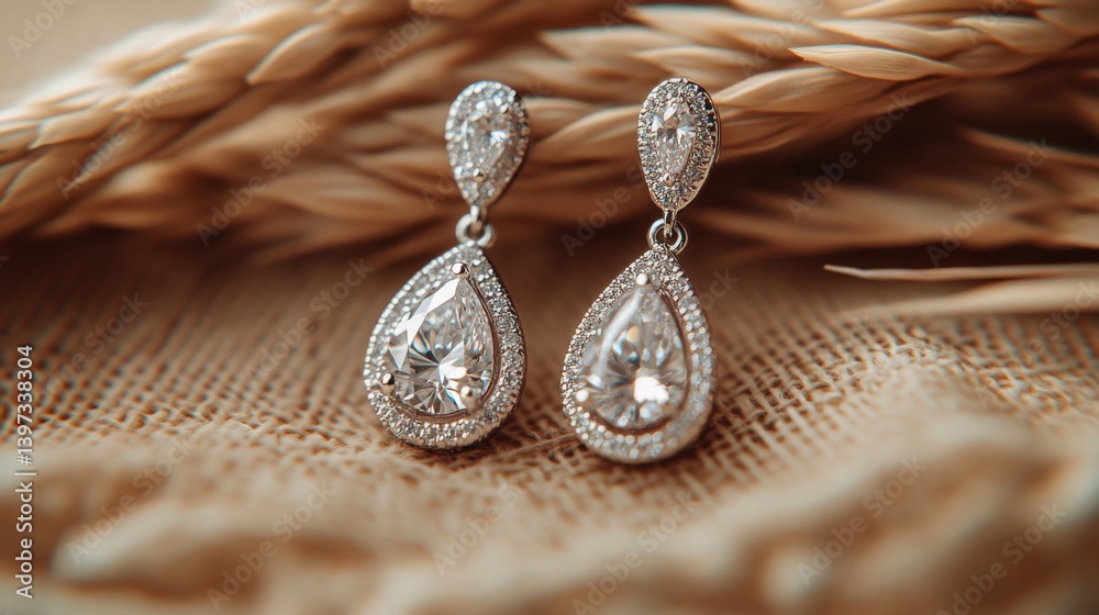 Poster a beautiful close-up of a pair of diamond drop earrings, captured in natural light to showcase their