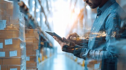 Double Exposure of Logistics Manager in Modern Warehouse Setting