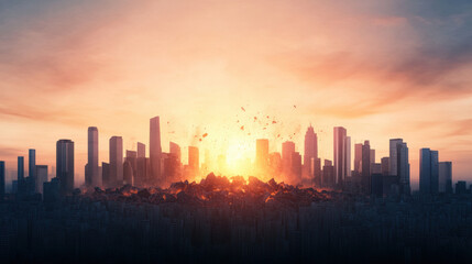 futuristic cityscape is dramatically impacted by earthquake, with buildings silhouetted against fiery explosion at sunset, creating scene of destruction and chaos