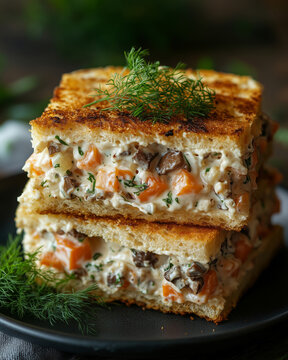 Delicious ensaladilla rusa sandwich captured in a rustic kitchen setting