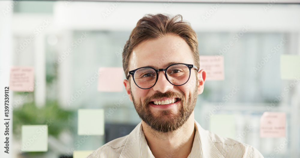 Poster Portrait, creative and smile with business man in office for schedule coordinator, appointment reminder or idea. Sticky note, calendar and project due date with person in startup agency for planning