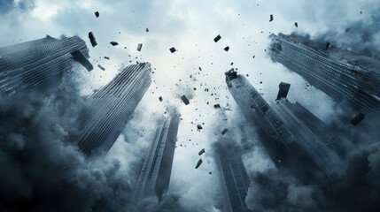 Tall skyscrapers collapse amid massive earthquake, with debris and dust filling air, creating dramatic and chaotic scene. image captures power and destruction of natural disasters