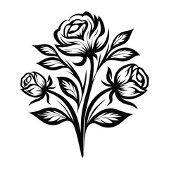 Stylized Black and White Rose Bouquet with Leaves, Decorative Floral Arrangement