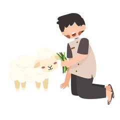 Kneeling Boy Tenderly Feeding a Lamb Fresh Greens Illustration for Eid Al Adha Hajj and Umroh Islamic