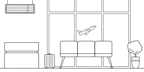 Airport interior graphic black white sketch illustration vector 