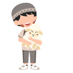 Smiling Boy in Knit Cap Gently Cradling a Lamb Illustration for Eid Al Adha Hajj and Umroh Islamic