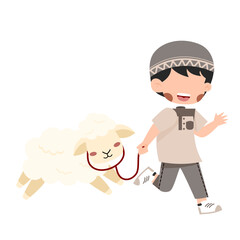 Joyful Boy Leading a Fluffy Lamb on a Festive Stroll Illustration for Eid Al Adha Hajj and Umroh Islamic