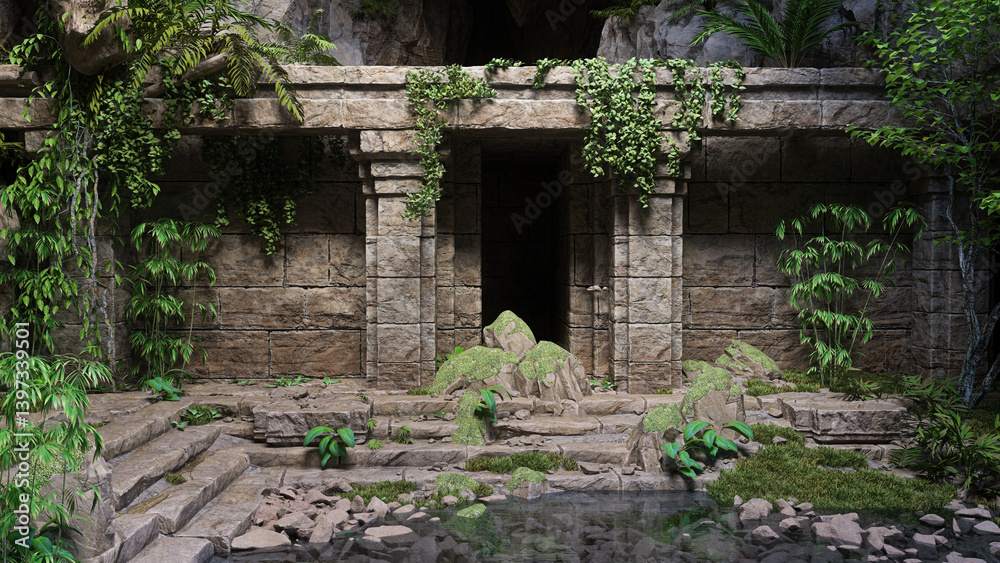 Poster mysterious old ruined underground temple building in a cave. 3d render.