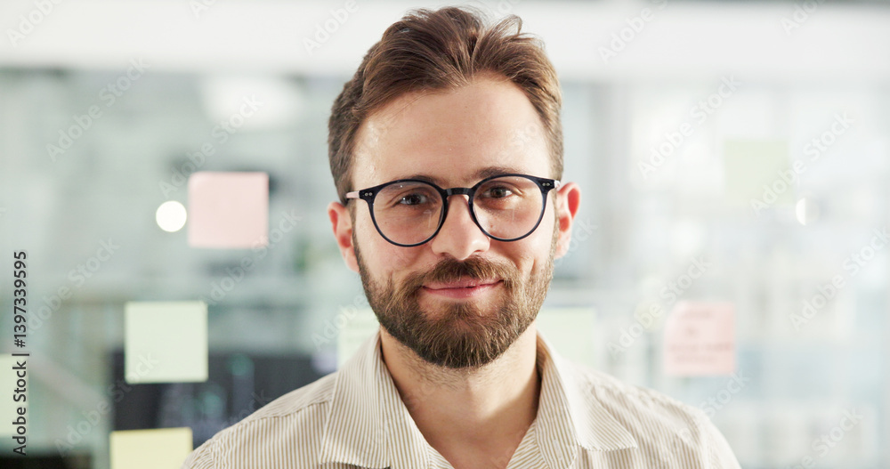 Poster portrait, glasses and smile with business man in office for schedule coordinator, appointment remind