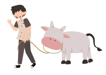 Smiling Boy Walking a Small White Calf with Paint on his Face Illustration for Eid Al Adha Hajj and Umroh Islamic