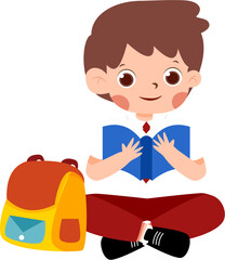 Happy Schoolboy Reading Book, Cross-legged with Backpack with Indonesian Elementary School Uniform