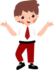 Surprised Schoolboy in Red Trousers and White Shirt, Gesturing with Indonesian Elementary School Uniform